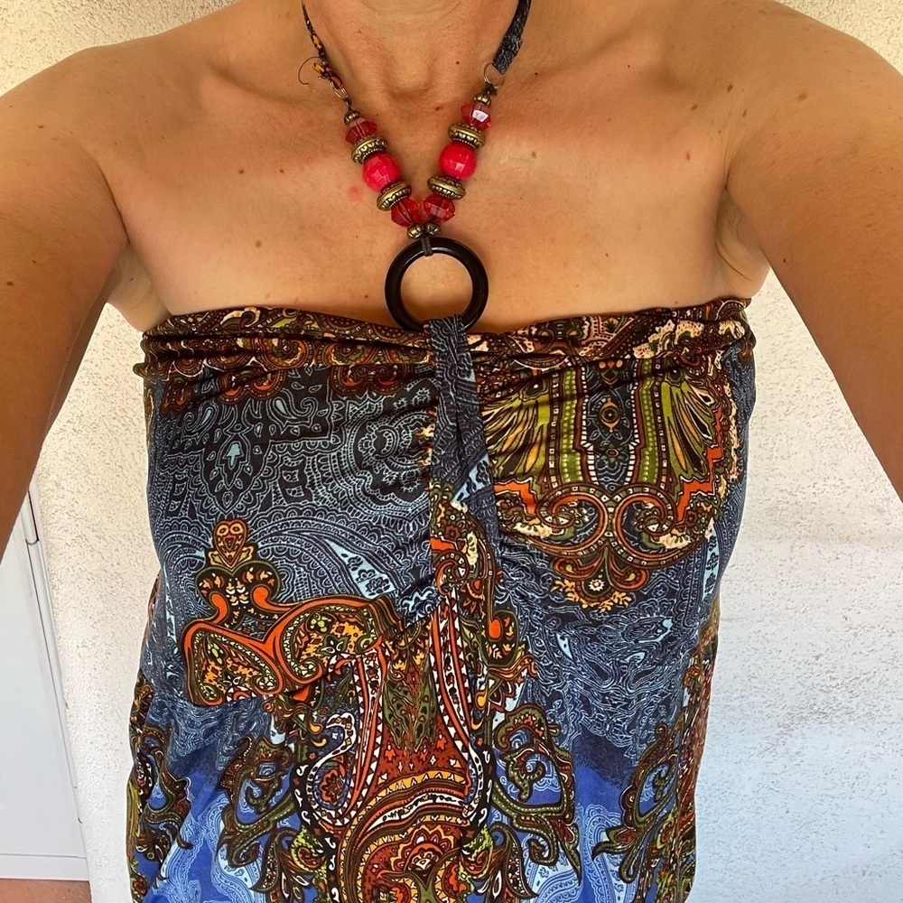 Maje Vintage Y2K Boho Paisley Halter Maxi Dress Blue Multicolor Beaded O Ring